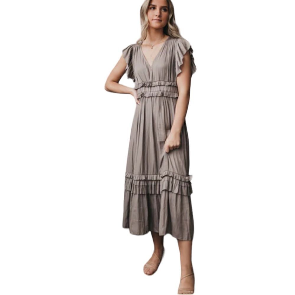 Grade & Gather Ruffle Satin V-Neck Dress Gray S
